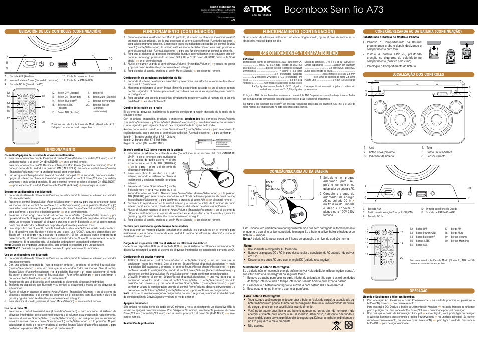 Boombox sem fio a73, Especificaciones y compatibilidad, Funcionamiento (continuación) | TDK A73 Wireless Boombox - User Manual User Manual | Page 5 / 11