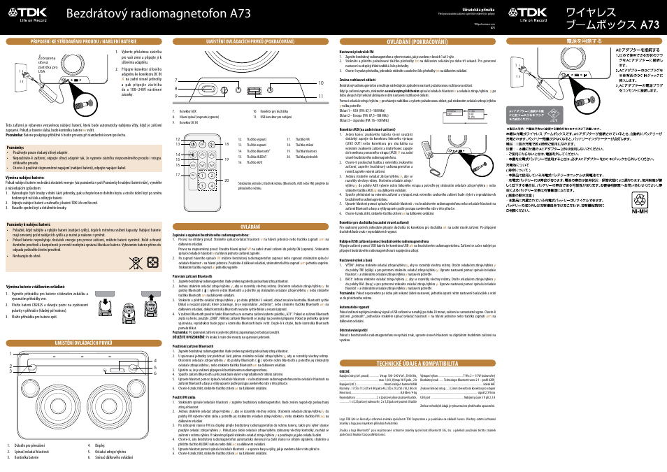 Bezdrátový radiomagnetofon a73, Technické údaje a kompatibilita, Ovládání (pokračování) | TDK A73 Wireless Boombox - User Manual User Manual | Page 8 / 11