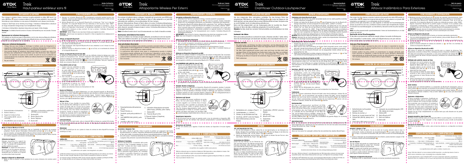 Trek, Haut-parleur extérieur sans fil, Altoparlante wireless per esterni | Drahtloser outdoor-lautsprecher, Altavoz inalámbrico para exteriores, Spécifications et compatibilité, Specifiche e compatibilità, Technische daten und kompatibilität, Especificaciones y compatibilidad, Fonctionnement (suite) | TDK A26 Portable - User Manual User Manual | Page 2 / 4