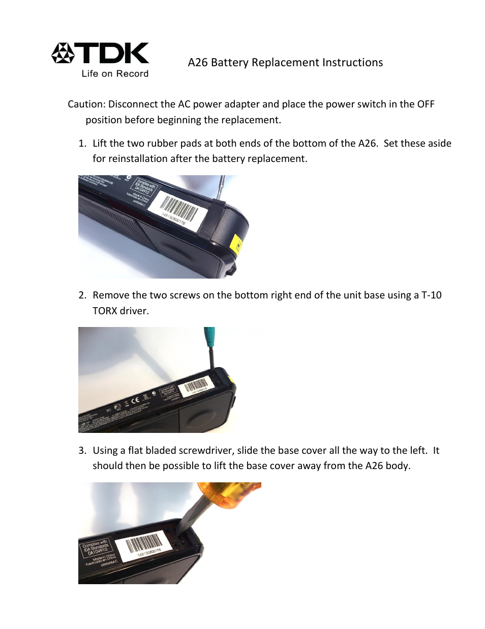 TDK A26 Wireless - Battery replacement instructions User Manual | 3 pages