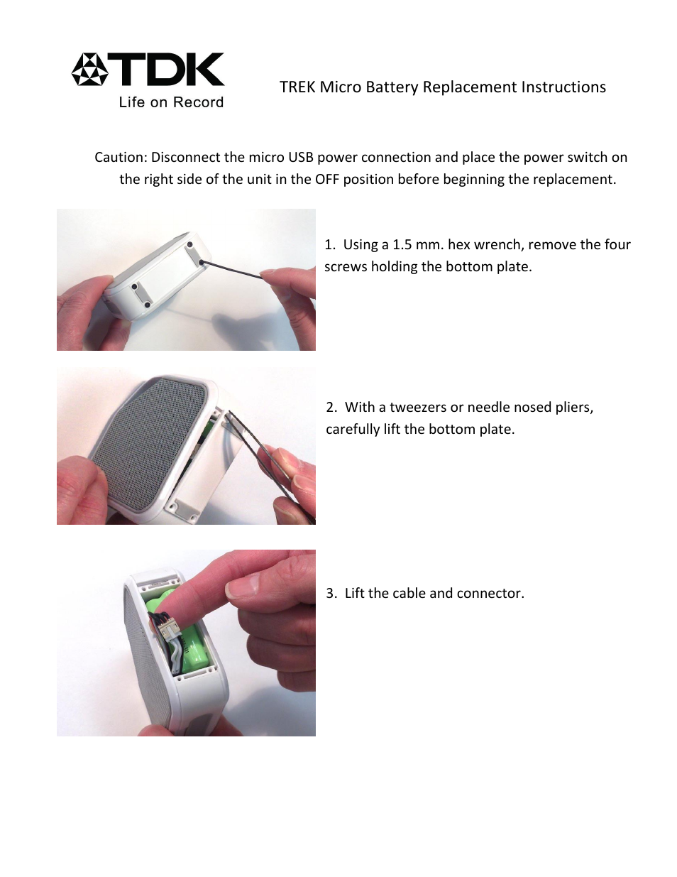 TDK TREK Micro Wireless - Battery replacement instructions User Manual | 3 pages