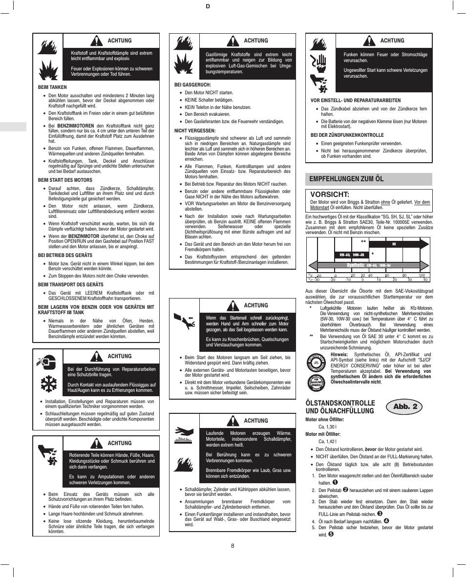 Empfehlungen zum öl vorsicht, Ölstandskontrolle und ölnachfüllung abb. 2 | Briggs & Stratton 280000 User Manual | Page 10 / 76