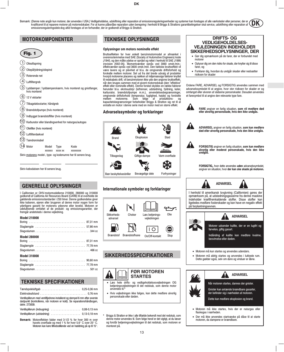 Motorkomponenter, Generelle oplysninger, Tekniske specifikationer | Tekniske oplysninger, Sikkerhedsspecifikationer | Briggs & Stratton 280000 User Manual | Page 15 / 76