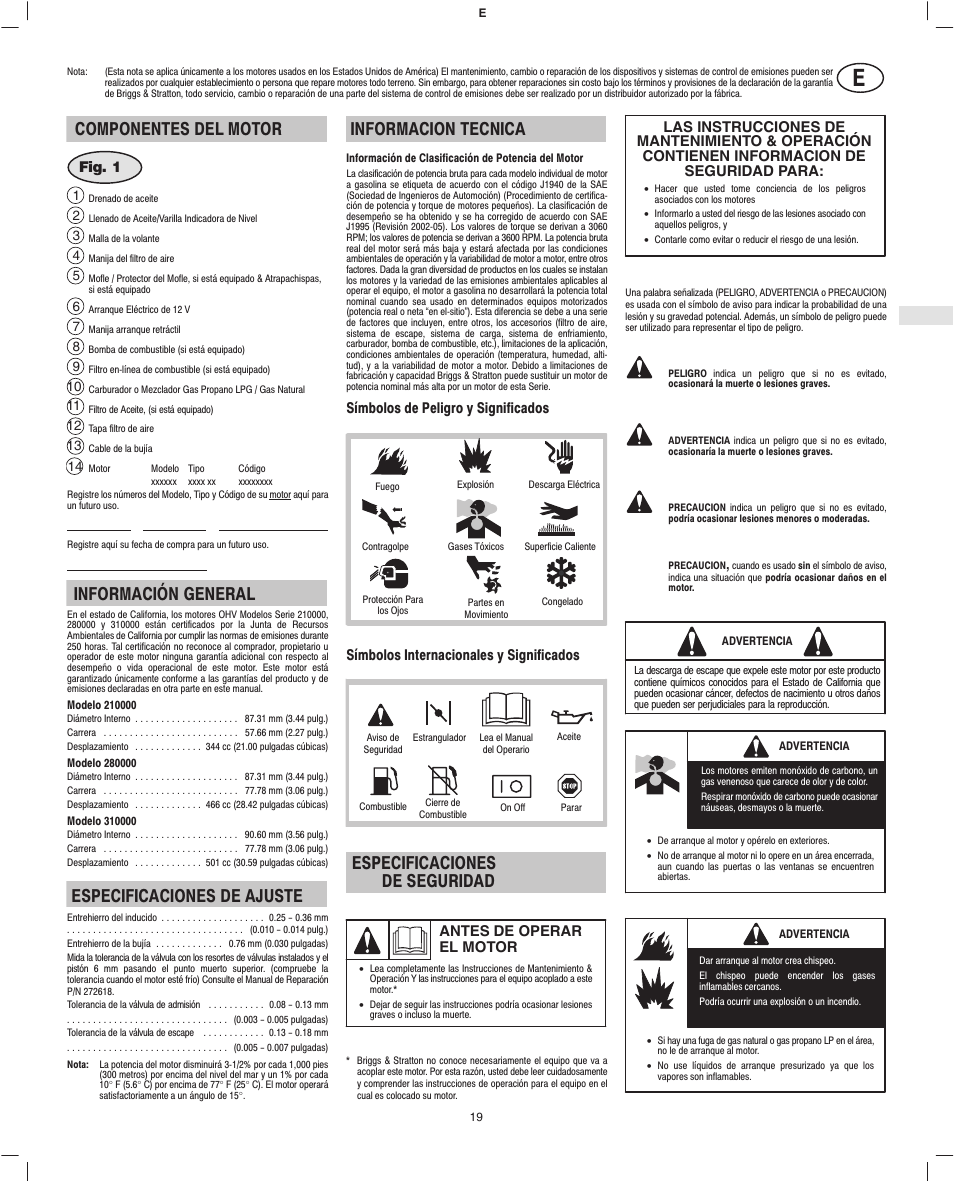 Componentes del motor, Información general, Especificaciones de ajuste | Informacion tecnica, Especificaciones de seguridad | Briggs & Stratton 280000 User Manual | Page 21 / 76