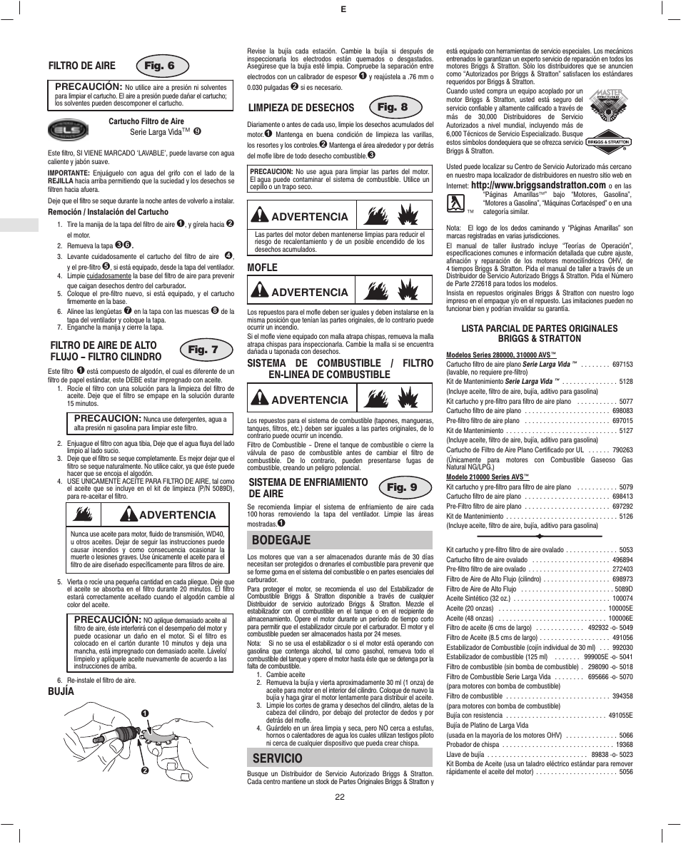 Bodegaje, Servicio | Briggs & Stratton 280000 User Manual | Page 24 / 76