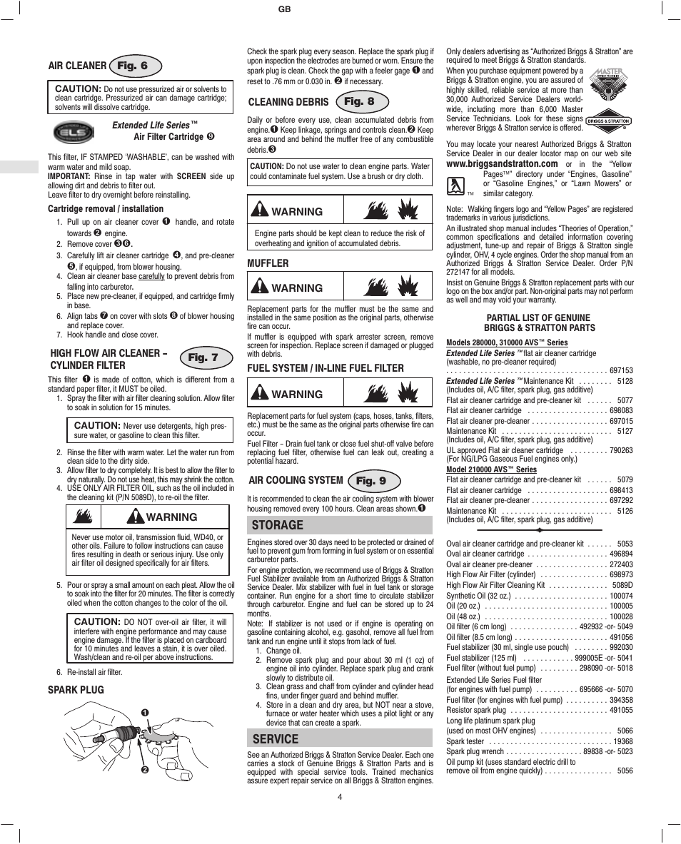 Storage, Service | Briggs & Stratton 280000 User Manual | Page 6 / 76