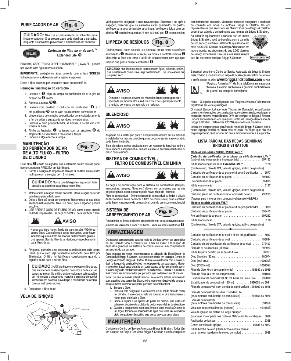 Armazenagem, Manutenção | Briggs & Stratton 280000 User Manual | Page 60 / 76