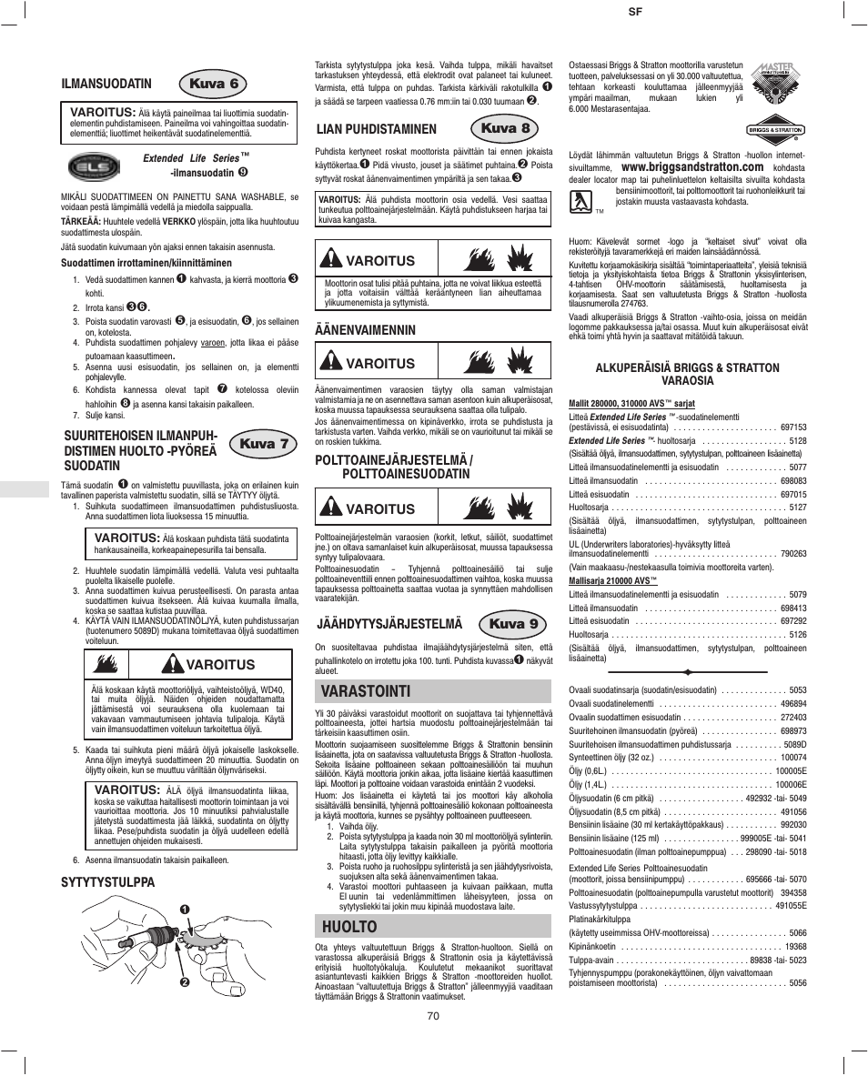 Varastointi, Huolto | Briggs & Stratton 280000 User Manual | Page 72 / 76