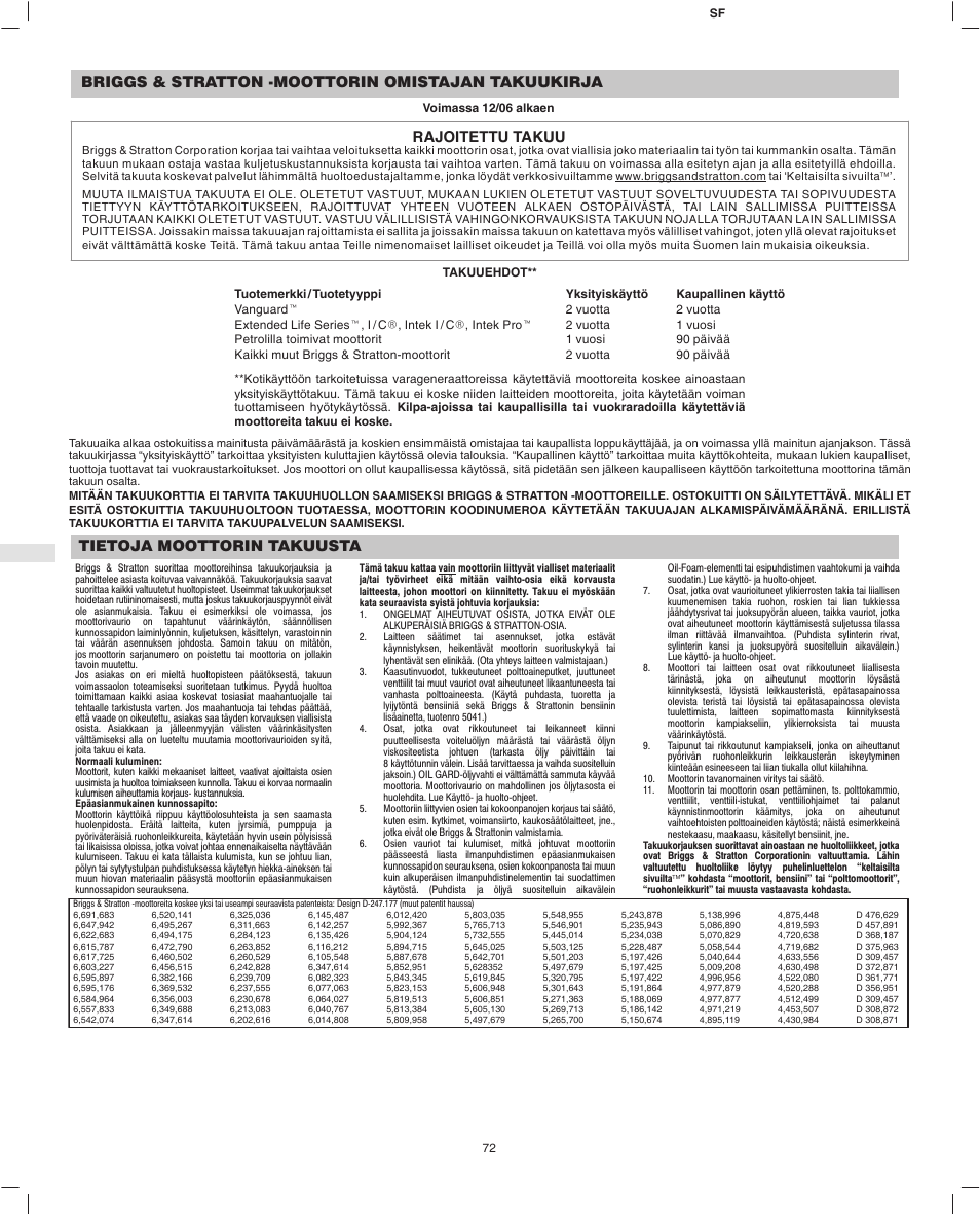 Briggs & stratton -moottorin omistajan takuukirja, Rajoitettu takuu, Tietoja moottorin takuusta | Briggs & Stratton 280000 User Manual | Page 74 / 76