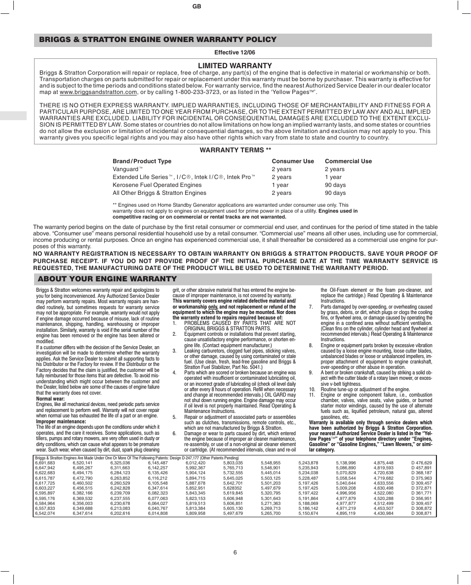 Briggs & stratton engine owner warranty policy, Limited warranty, About your engine warranty | Warranty terms | Briggs & Stratton 280000 User Manual | Page 8 / 76