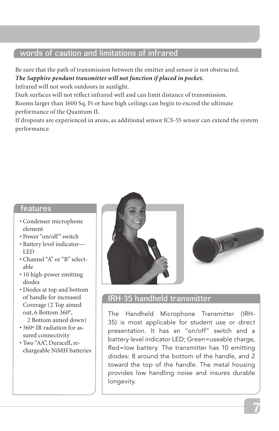 Irh-35 handheld transmitter, Features, Words of caution and limitations of infrared | TeachLogic Quantum II User Manual | Page 11 / 20