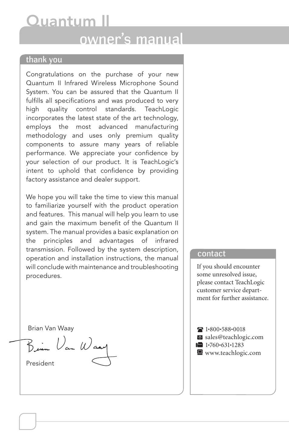 Quantum ii, Owner’s manual | TeachLogic Quantum II User Manual | Page 2 / 20