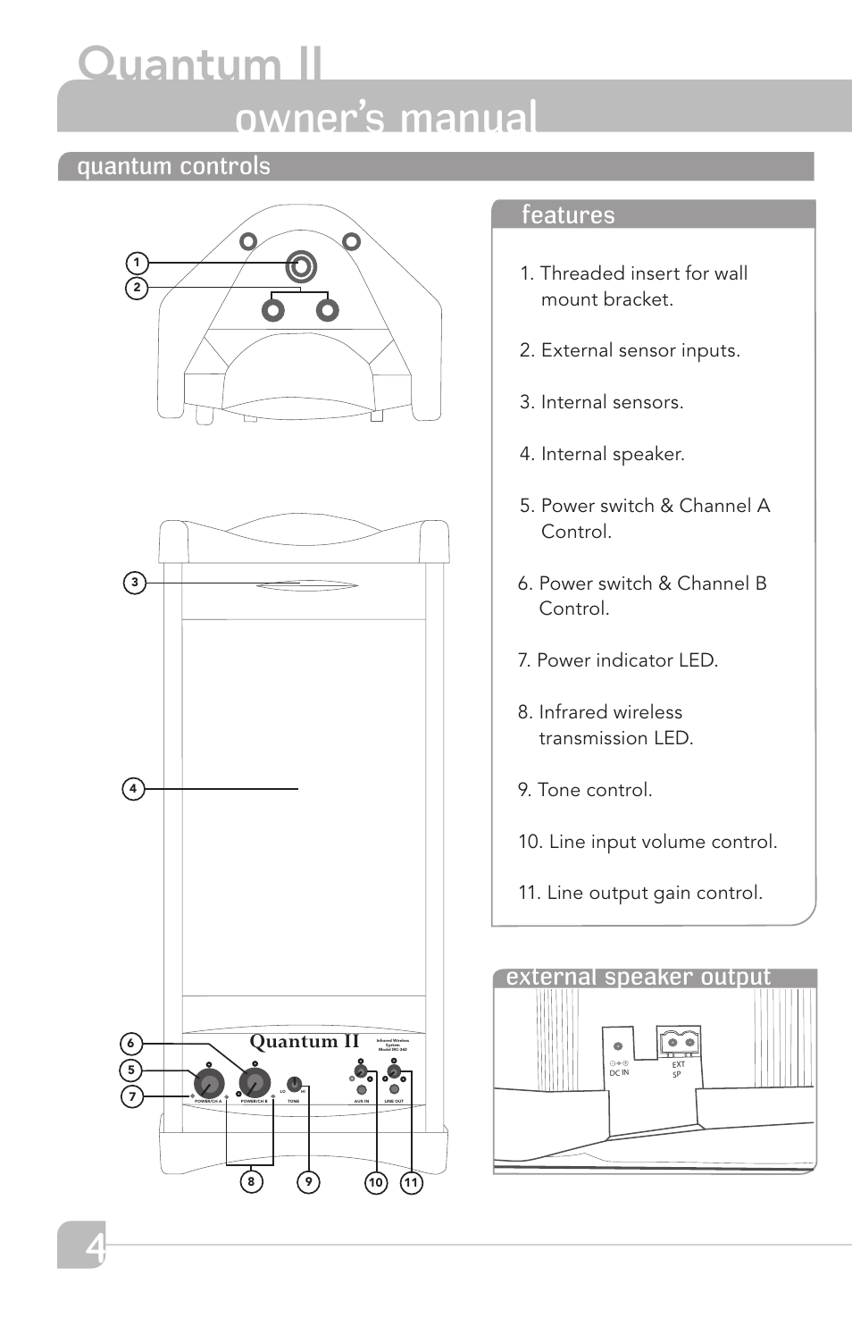 Quantum ii, Owner’s manual, Quantum controls features | External speaker output | TeachLogic Quantum II User Manual | Page 8 / 20