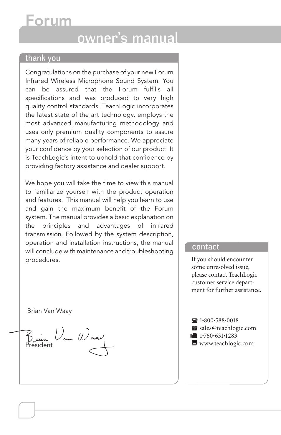 Forum, Owner’s manual | TeachLogic Forum User Manual | Page 4 / 24