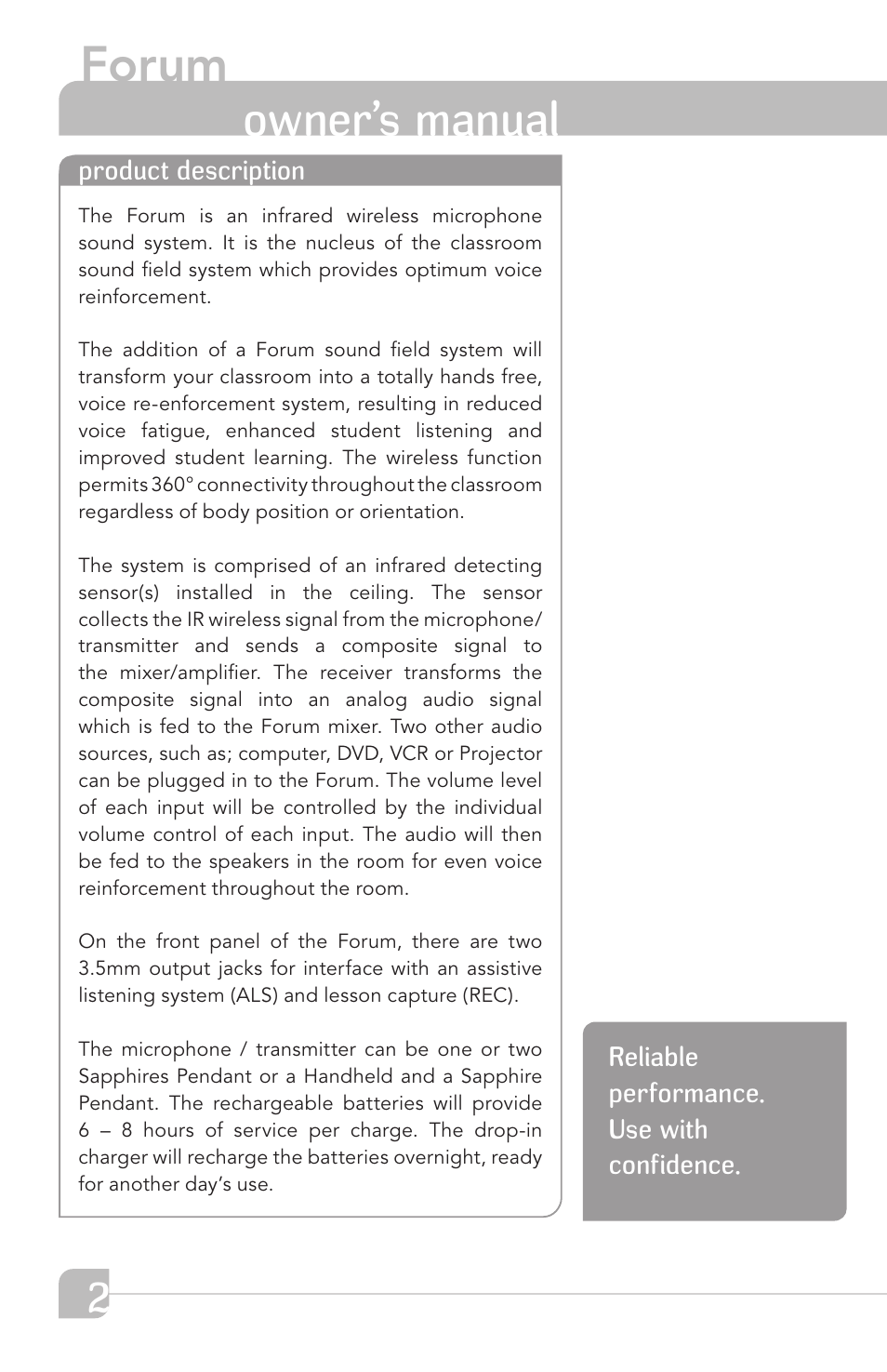 Forum, Owner’s manual | TeachLogic Forum User Manual | Page 8 / 24
