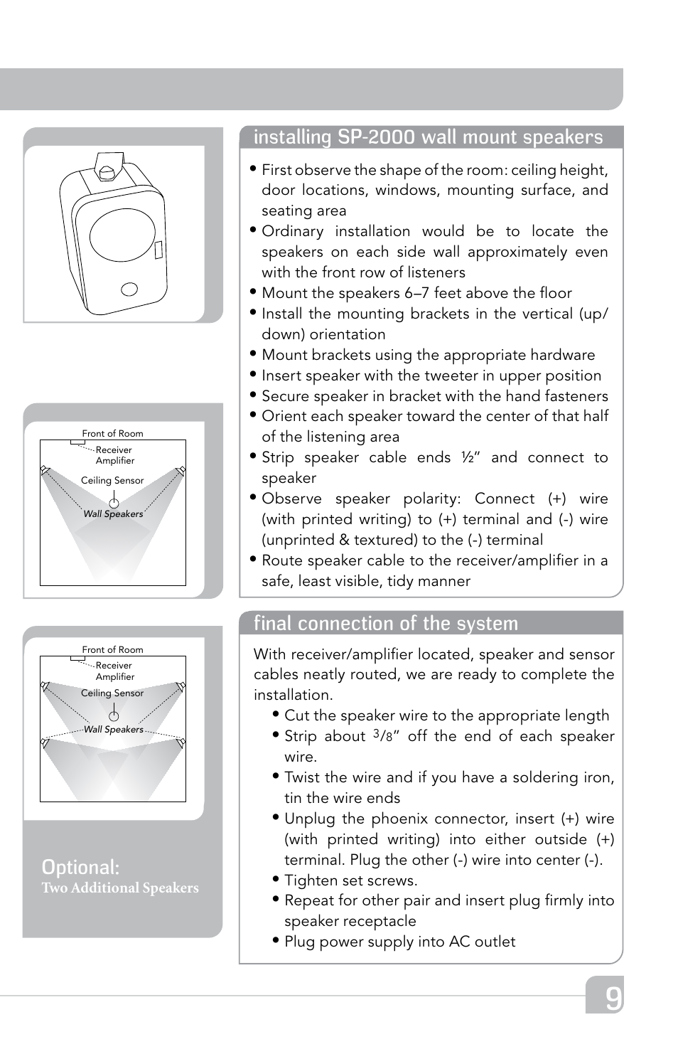 Optional, Installing sp-2000 wall mount speakers, Final connection of the system | TeachLogic Forum 232 User Manual | Page 13 / 24