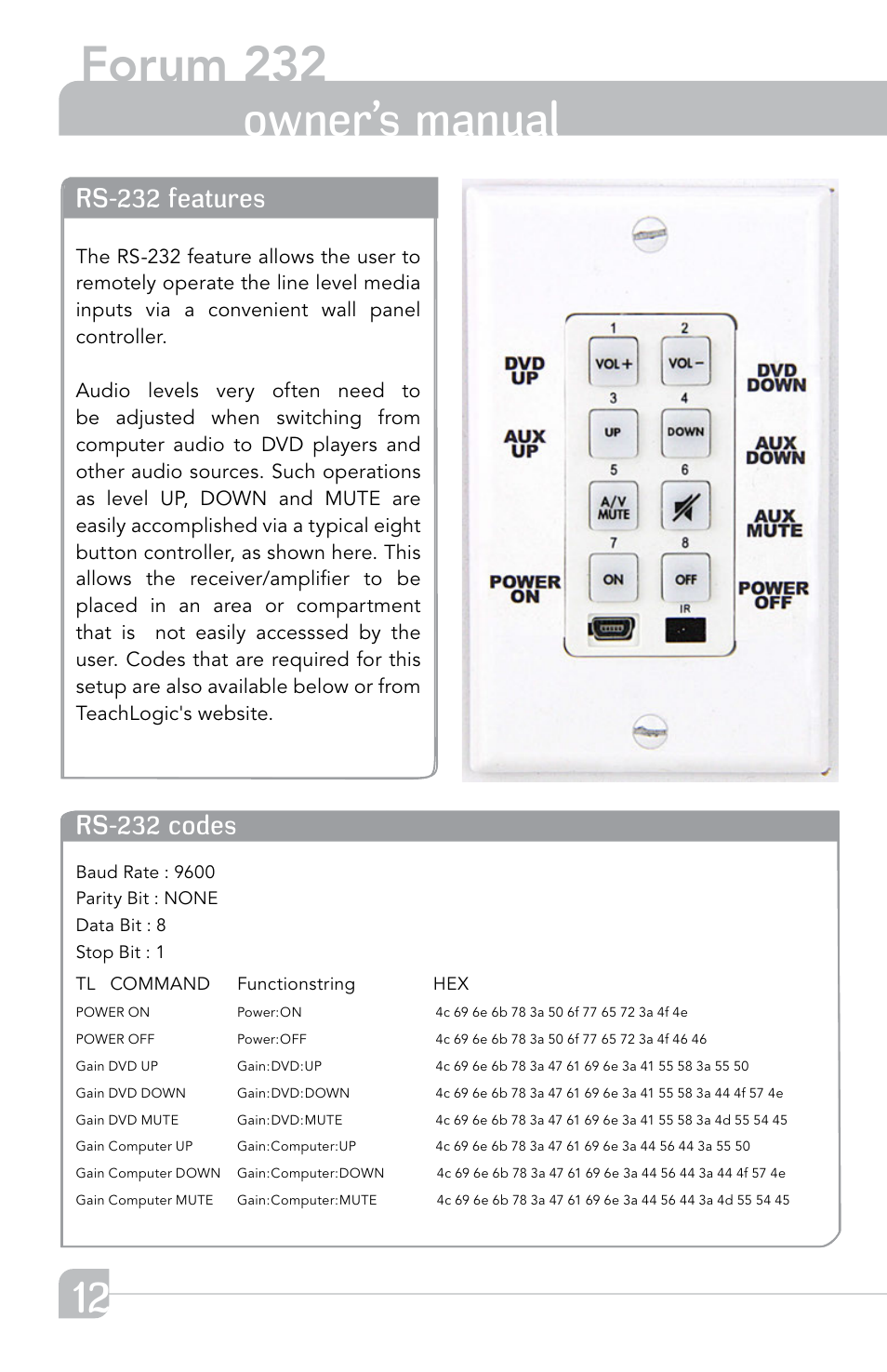 Forum 232, Owner’s manual, Blank page rs-232 features | TeachLogic Forum 232 User Manual | Page 16 / 24