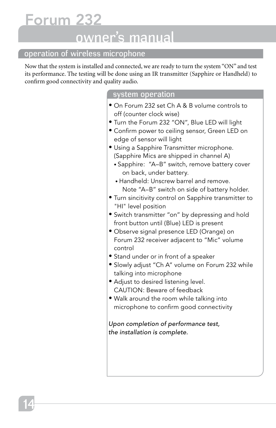 Forum 232, Transmitter owner’s manual | TeachLogic Forum 232 User Manual | Page 18 / 24