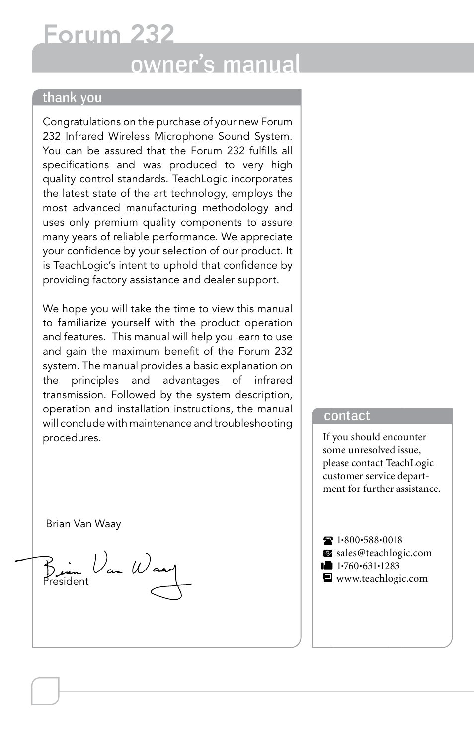 Forum 232, Owner’s manual | TeachLogic Forum 232 User Manual | Page 2 / 24