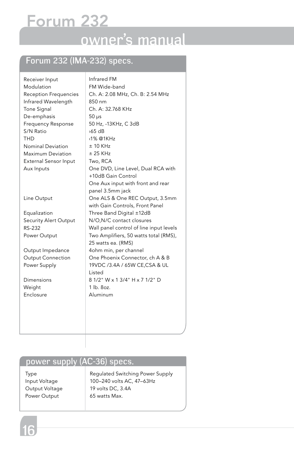 Forum 232, Transmitter owner’s manual | TeachLogic Forum 232 User Manual | Page 20 / 24
