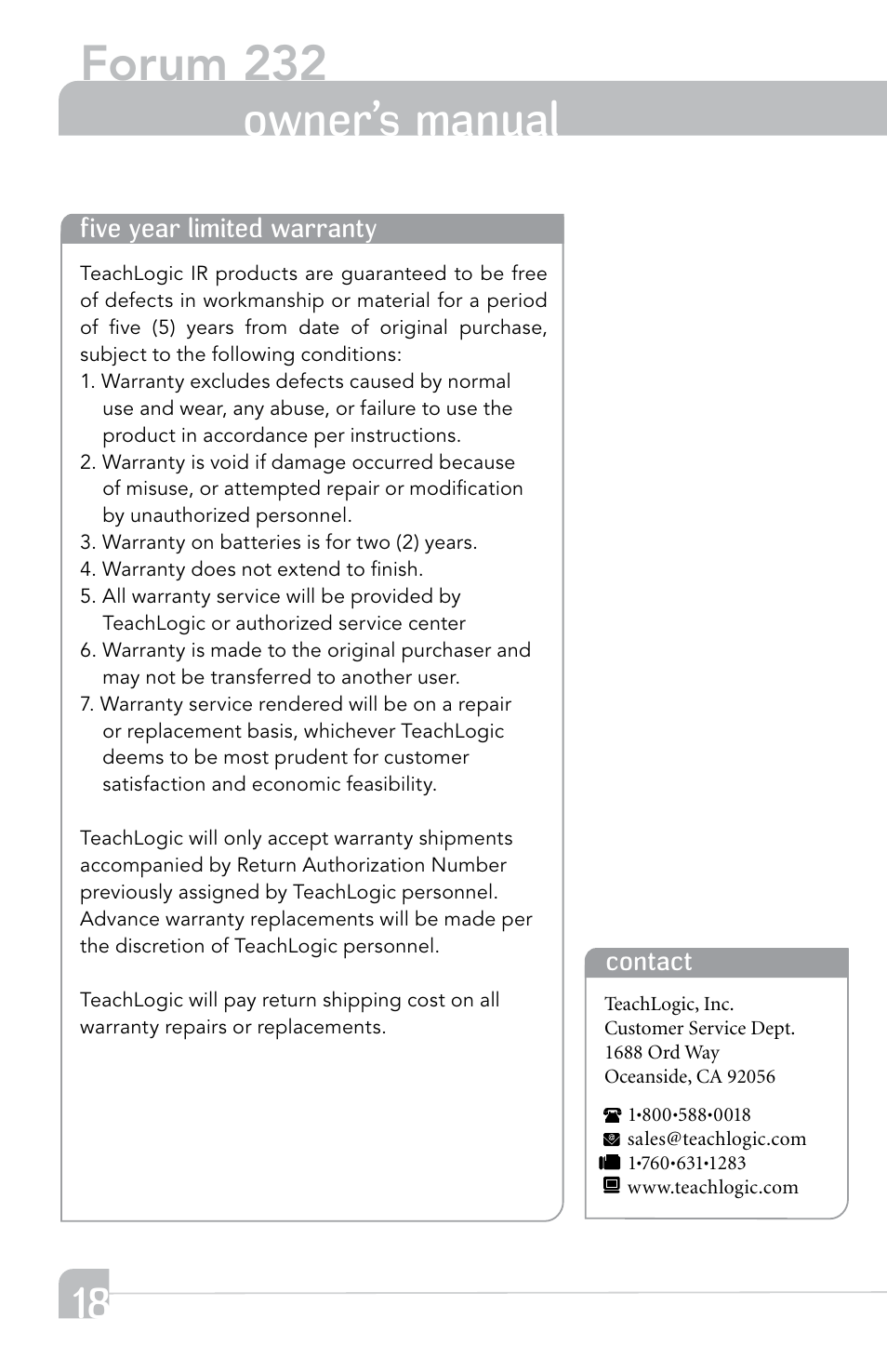 Forum 232, Owner’s manual | TeachLogic Forum 232 User Manual | Page 22 / 24