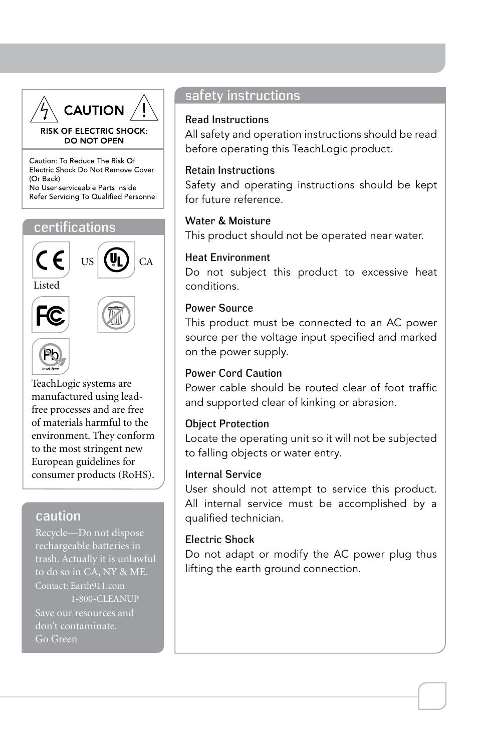 Safety instructions, Certifications, Caution | TeachLogic Forum 232 User Manual | Page 3 / 24