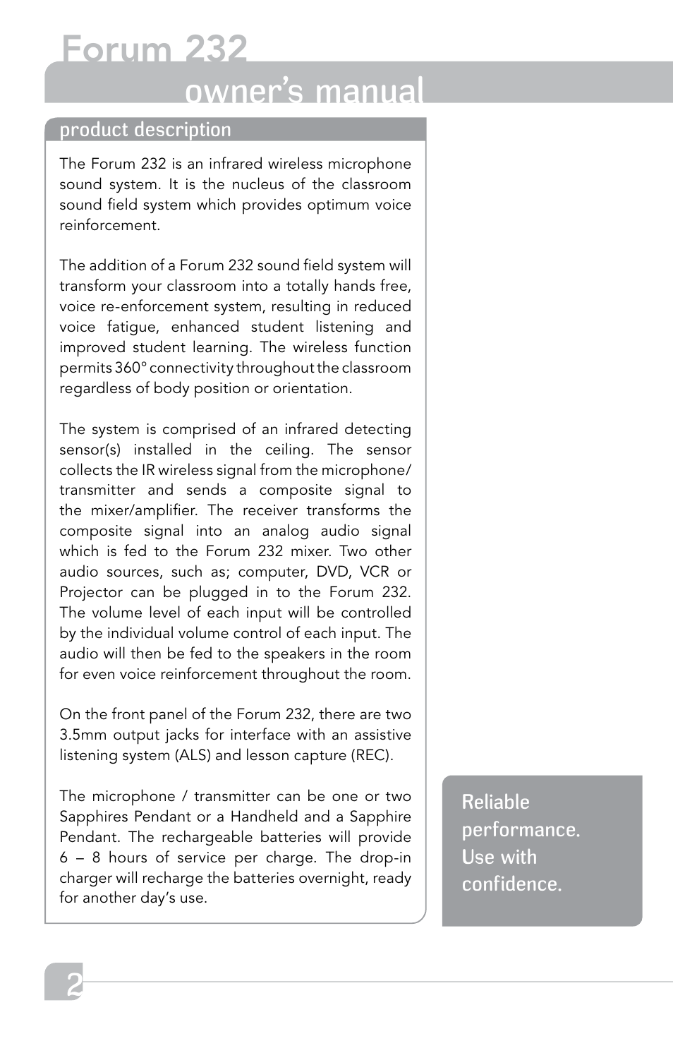 Forum 232, Owner’s manual | TeachLogic Forum 232 User Manual | Page 6 / 24