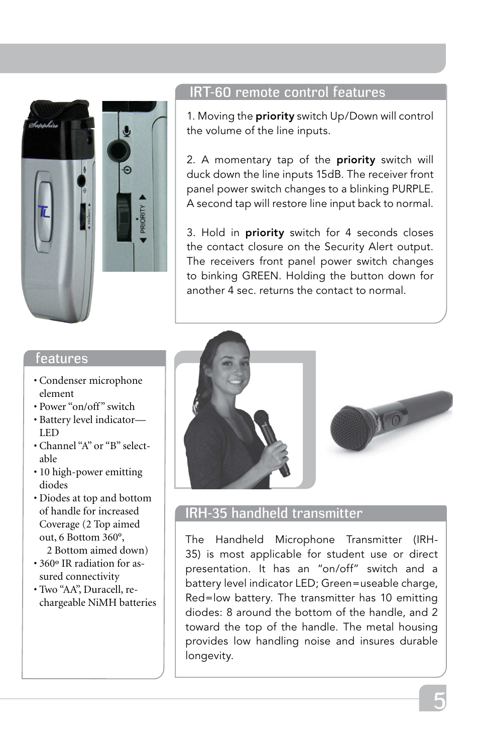 Irh-35 handheld transmitter, Features, Irt-60 remote control features | TeachLogic Forum 232 User Manual | Page 9 / 24
