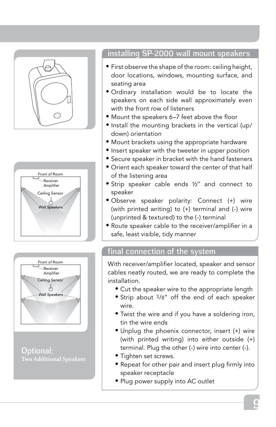 Optional, Installing sp-2000 wall mount speakers, Final connection of the system | TeachLogic Maxim III User Manual | Page 15 / 28