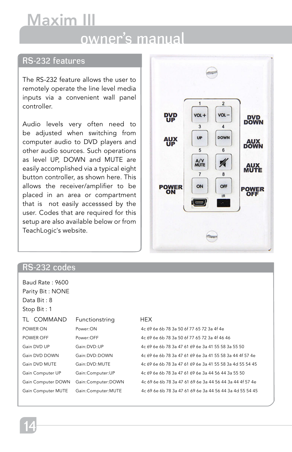 Maxim iii, Transmitter owner’s manual, Blank page rs-232 codes | Blank page rs-232 features | TeachLogic Maxim III User Manual | Page 20 / 28
