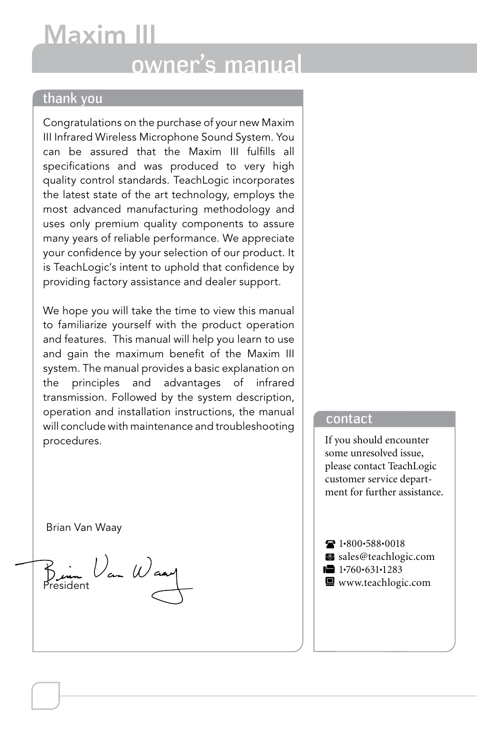 Maxim iii, Owner’s manual | TeachLogic Maxim III User Manual | Page 4 / 28