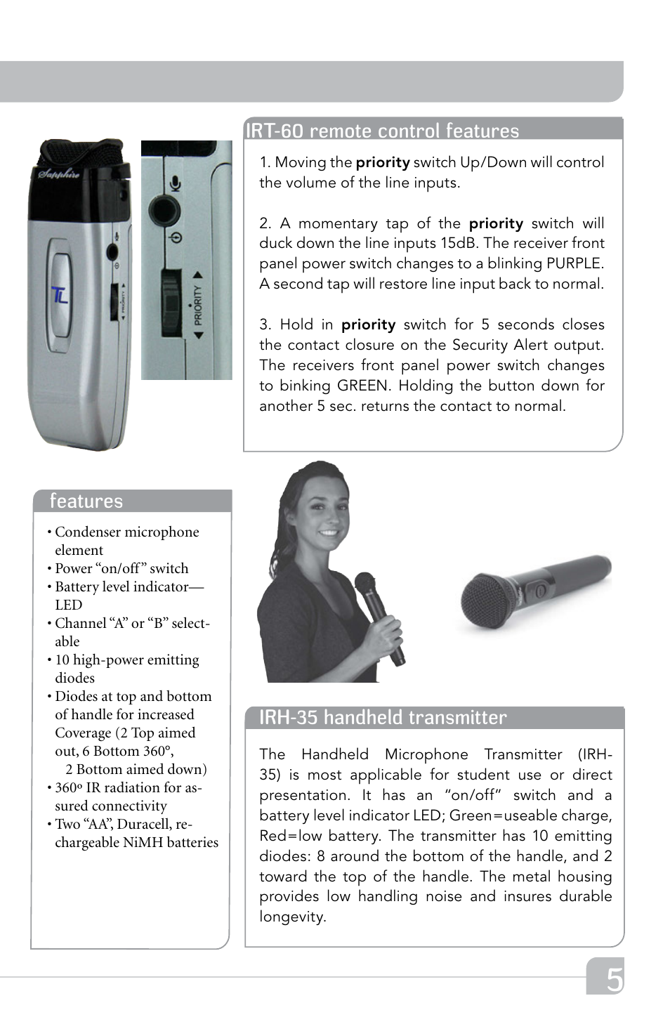 Irh-35 handheld transmitter, Features, Irt-60 remote control features | TeachLogic Spectrum III User Manual | Page 11 / 28