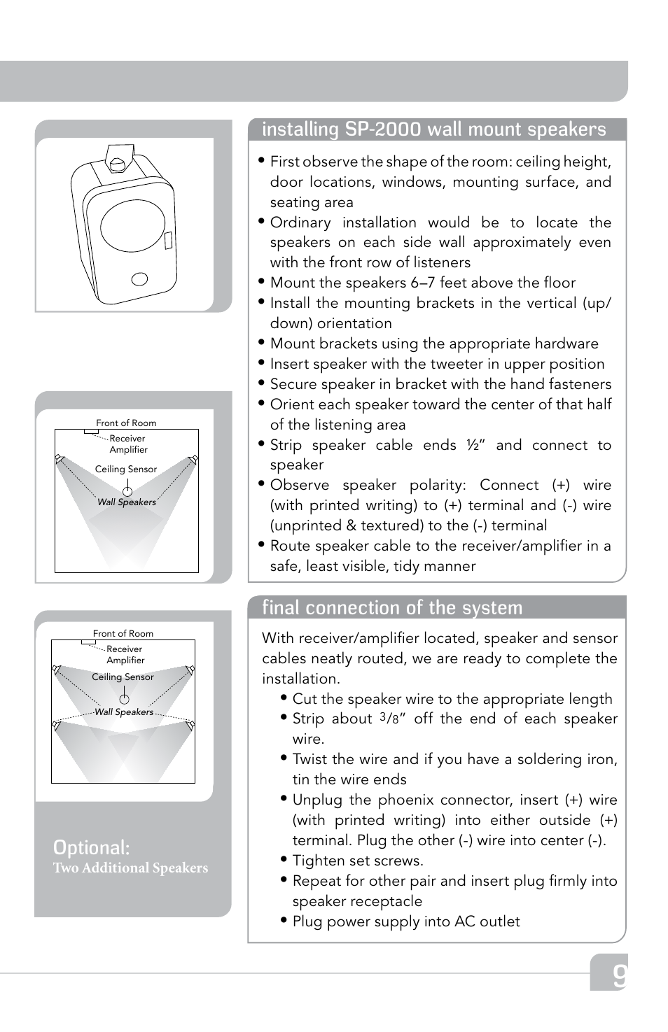 Optional, Installing sp-2000 wall mount speakers, Final connection of the system | TeachLogic Spectrum III User Manual | Page 15 / 28