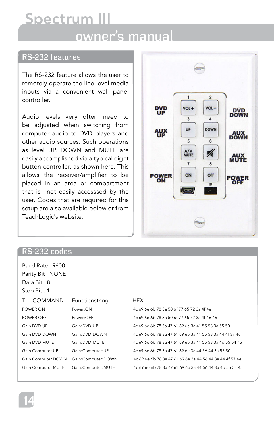 Spectrum iii, Transmitter owner’s manual, Blank page rs-232 codes | Blank page rs-232 features | TeachLogic Spectrum III User Manual | Page 20 / 28