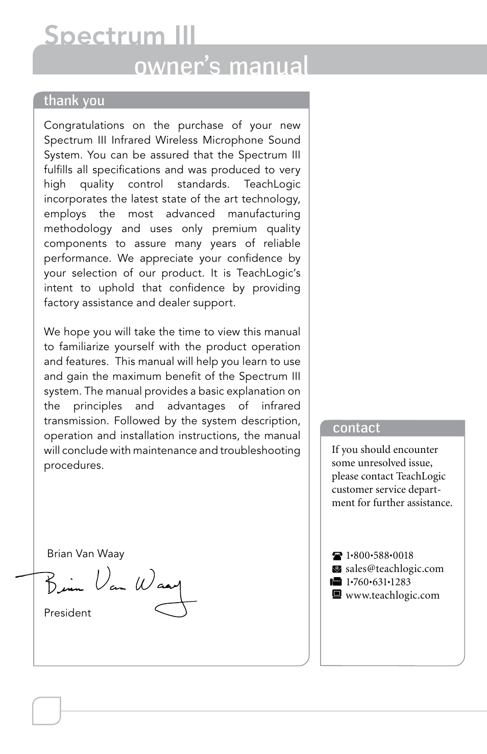 Spectrum iii, Owner’s manual | TeachLogic Spectrum III User Manual | Page 4 / 28