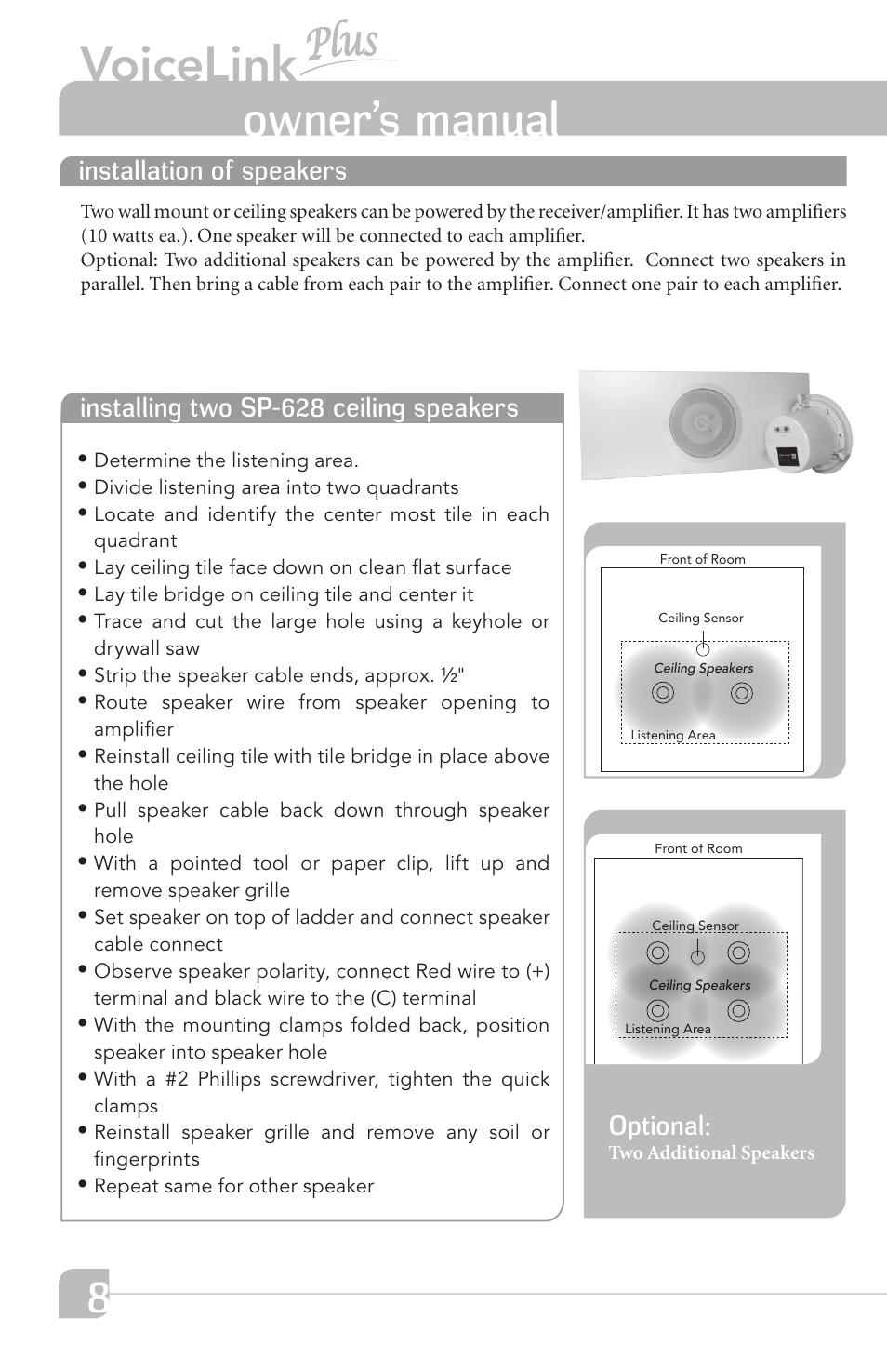 Voicelink, Owner’s manual, Optional | Installation of speakers, Installing two sp-628 ceiling speakers | TeachLogic VoiceLink Plus User Manual | Page 14 / 26