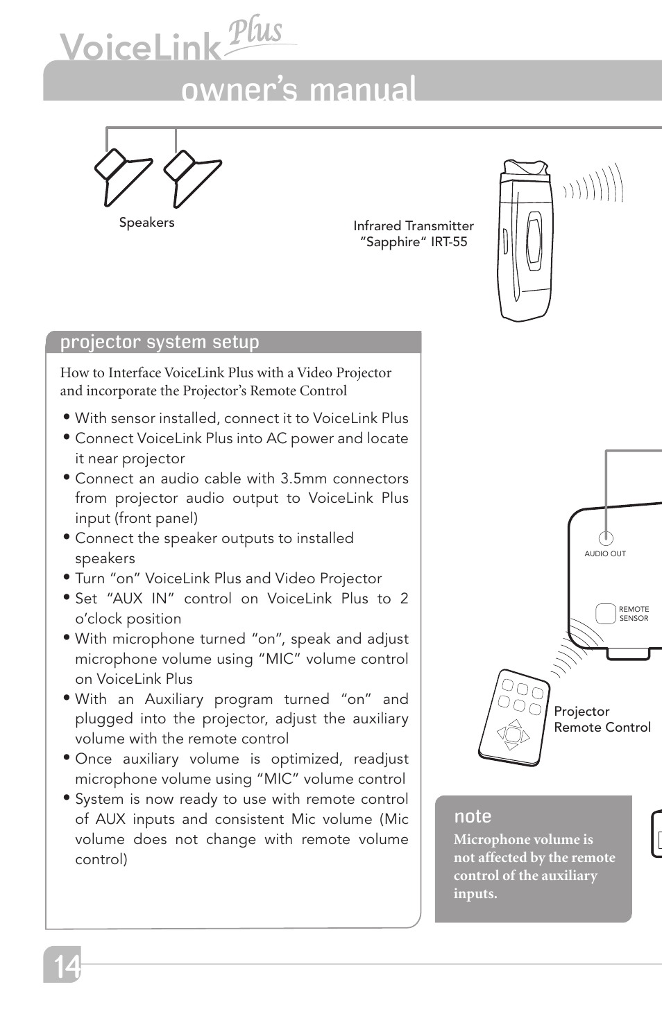 Voicelink, Owner’s manual, Projector system setup | Voicelink plus | TeachLogic VoiceLink Plus User Manual | Page 20 / 26