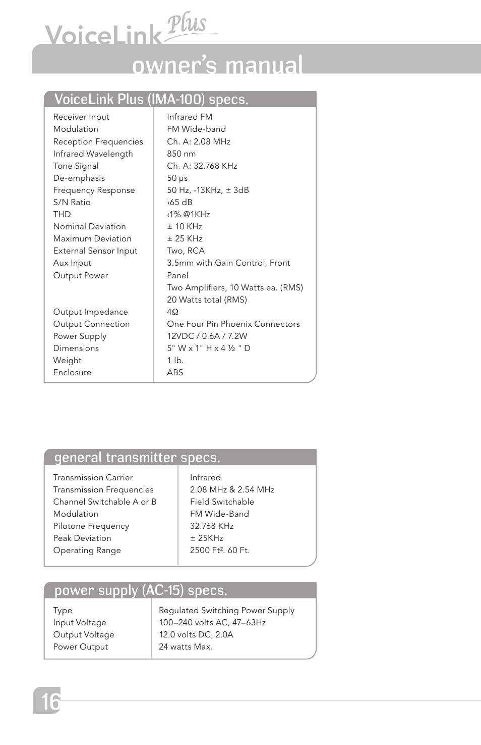 Voicelink, Owner’s manual | TeachLogic VoiceLink Plus User Manual | Page 22 / 26