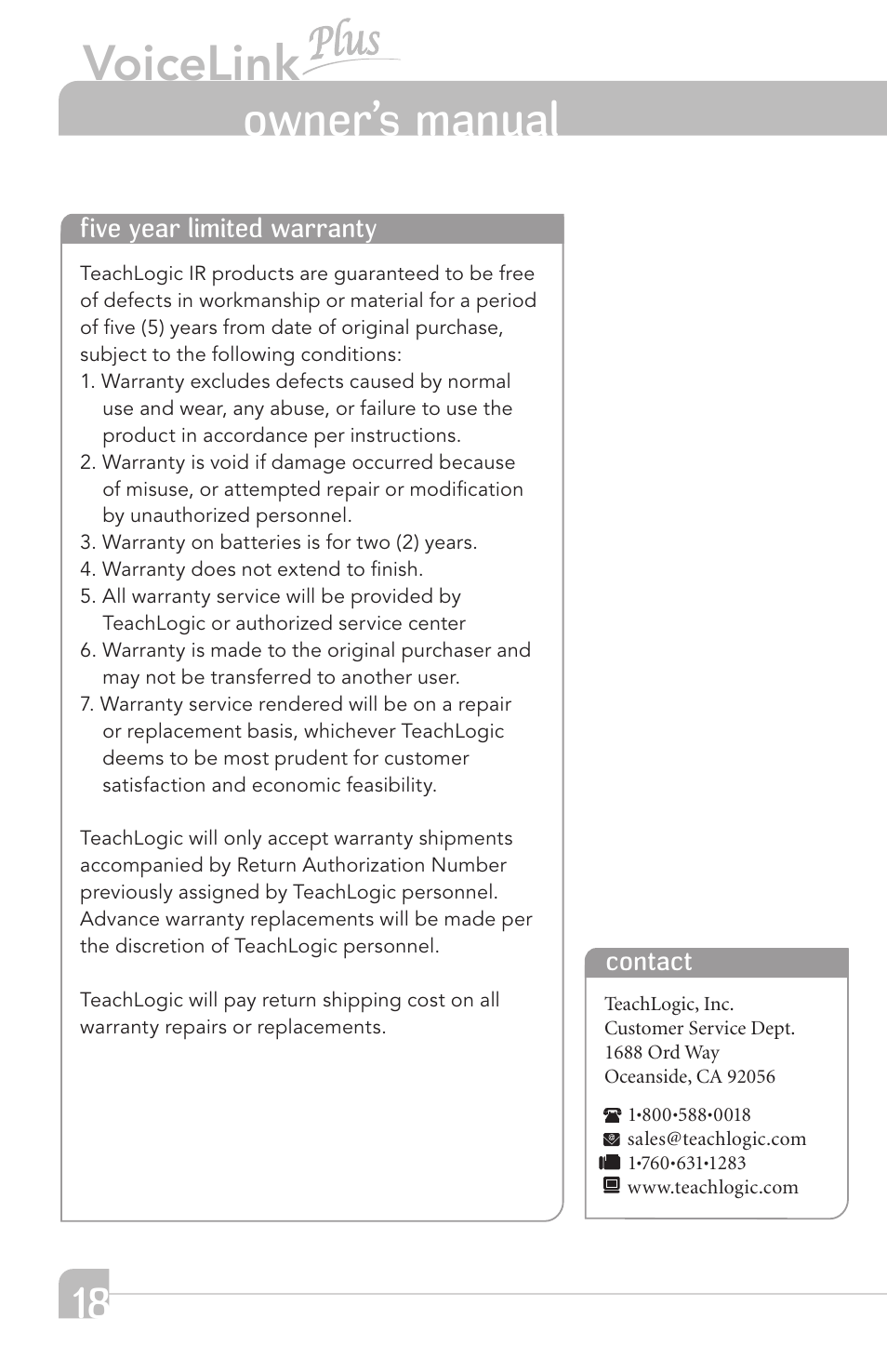 Voicelink, Owner’s manual | TeachLogic VoiceLink Plus User Manual | Page 24 / 26