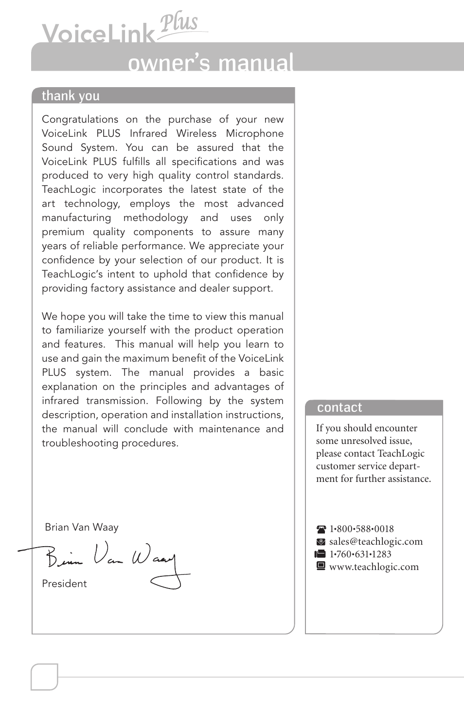 Voicelink, Owner’s manual | TeachLogic VoiceLink Plus User Manual | Page 4 / 26