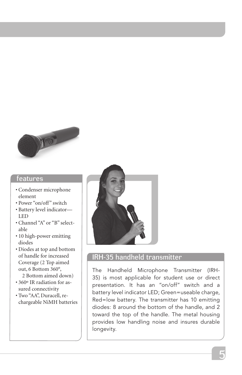 Irh-35 handheld transmitter, Features | TeachLogic VOICELINK I User Manual | Page 11 / 24