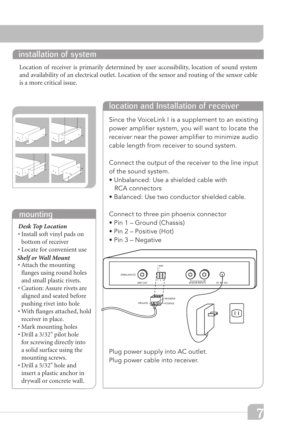 Location and installation of receiver, Installation of system, Mounting | TeachLogic VOICELINK I User Manual | Page 13 / 24