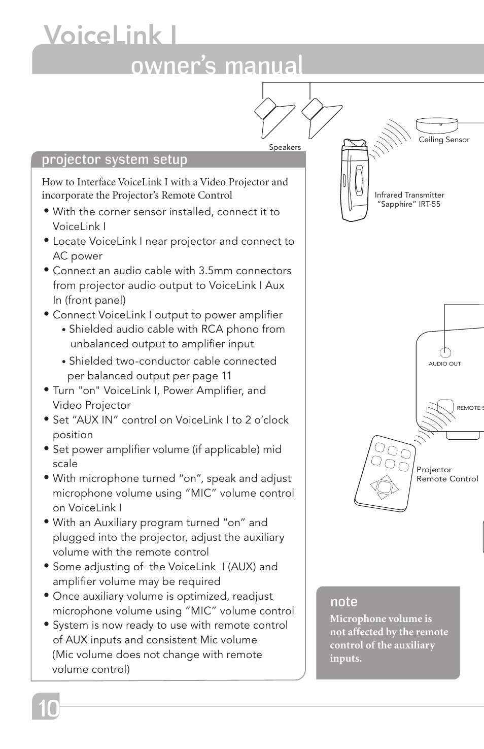 Voicelink i, Owner’s manual, Projector system setup | TeachLogic VOICELINK I User Manual | Page 16 / 24