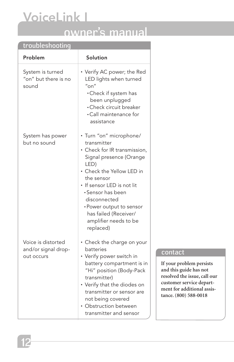 Voicelink i, Owner’s manual, Troubleshooting | Contact | TeachLogic VOICELINK I User Manual | Page 18 / 24