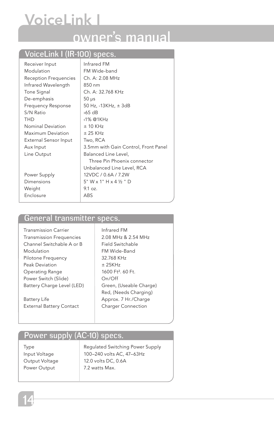 Voicelink i, Owner’s manual, General transmitter specs | Power supply (ac-10) specs, Voicelink i (ir-100) specs | TeachLogic VOICELINK I User Manual | Page 20 / 24