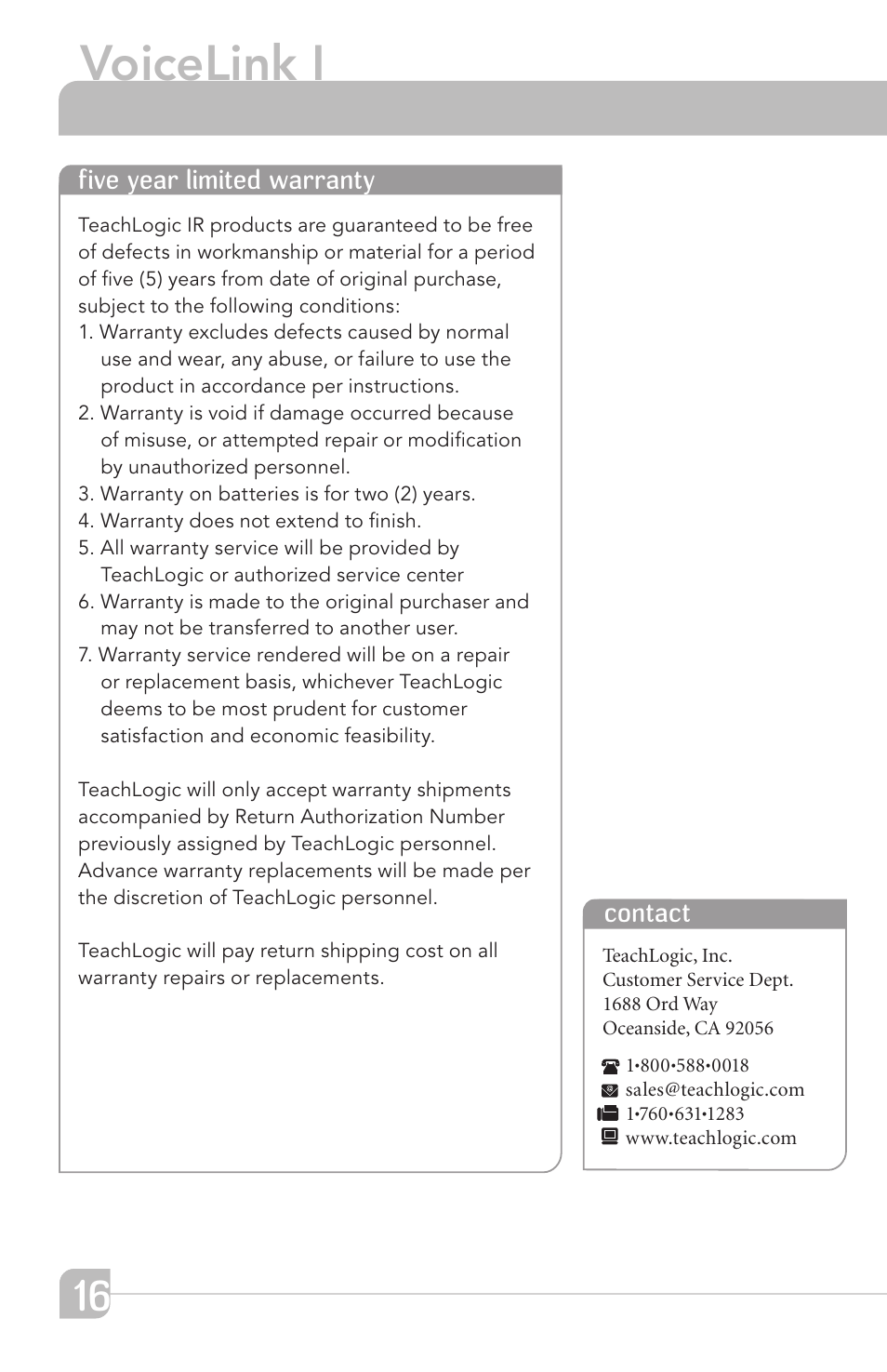 Voicelink i, Contact, Five year limited warranty | TeachLogic VOICELINK I User Manual | Page 22 / 24