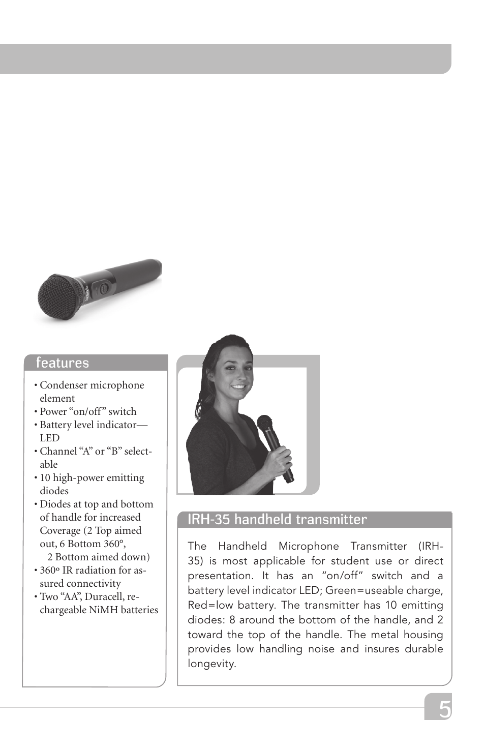 Irh-35 handheld transmitter, Features | TeachLogic VOICELINK III User Manual | Page 11 / 24