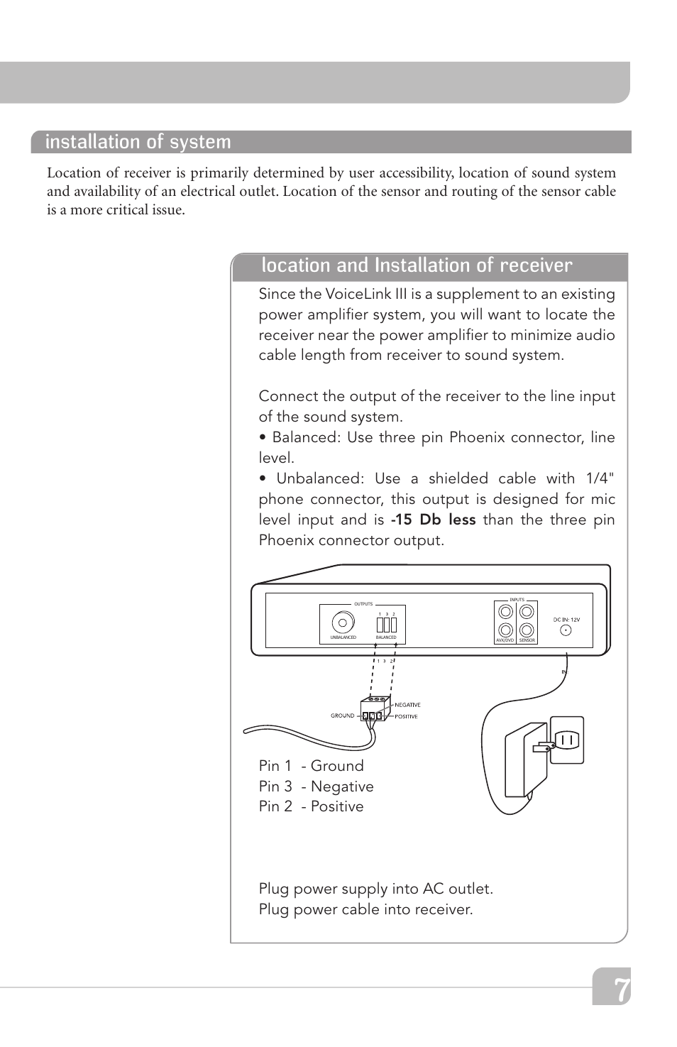 Location and installation of receiver, Installation of system | TeachLogic VOICELINK III User Manual | Page 13 / 24