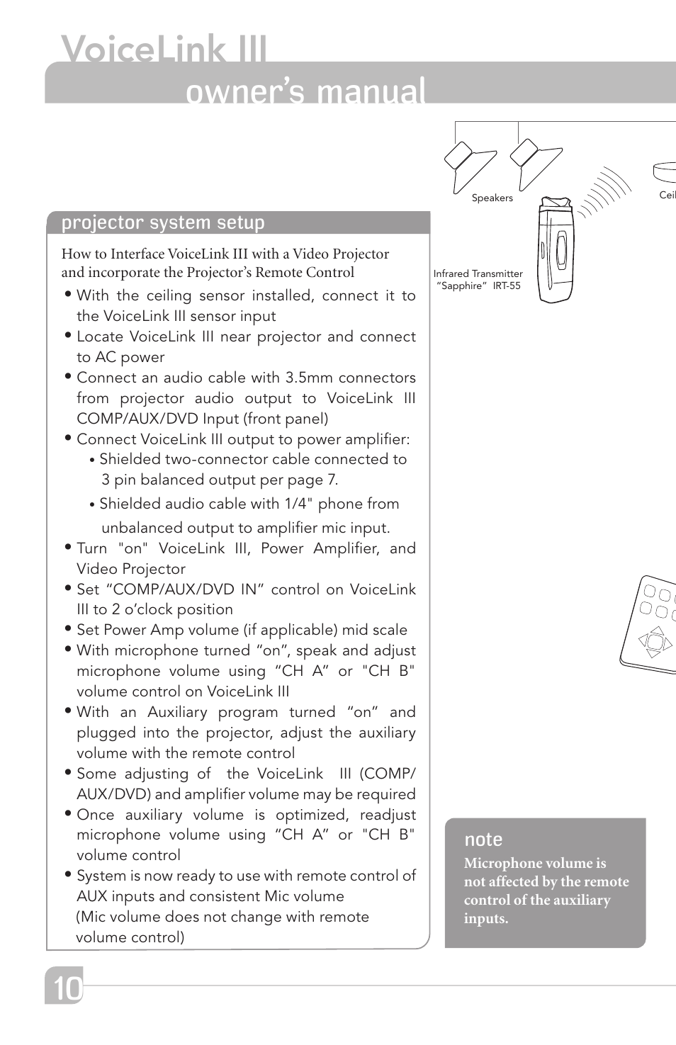 Voicelink iii, Owner’s manual, Projector system setup | TeachLogic VOICELINK III User Manual | Page 16 / 24