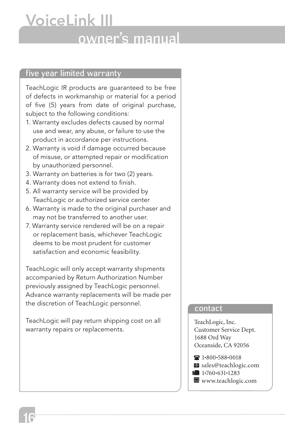 Voicelink iii, Owner’s manual | TeachLogic VOICELINK III User Manual | Page 22 / 24